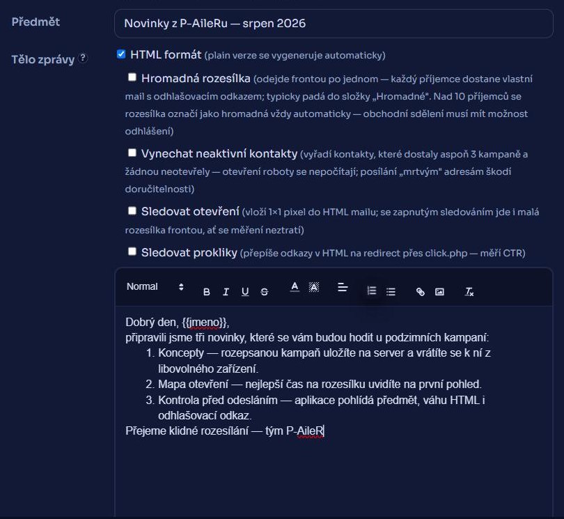 Editor kampaně v aplikaci P-AileR — předmět, WYSIWYG editor s formátováním a personalizační značkou {{jmeno}}